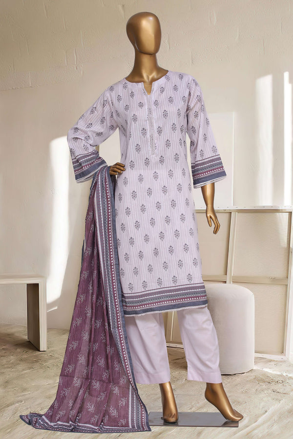 Lawn - Stitched Printed 3piece with Lace work - White-Purple