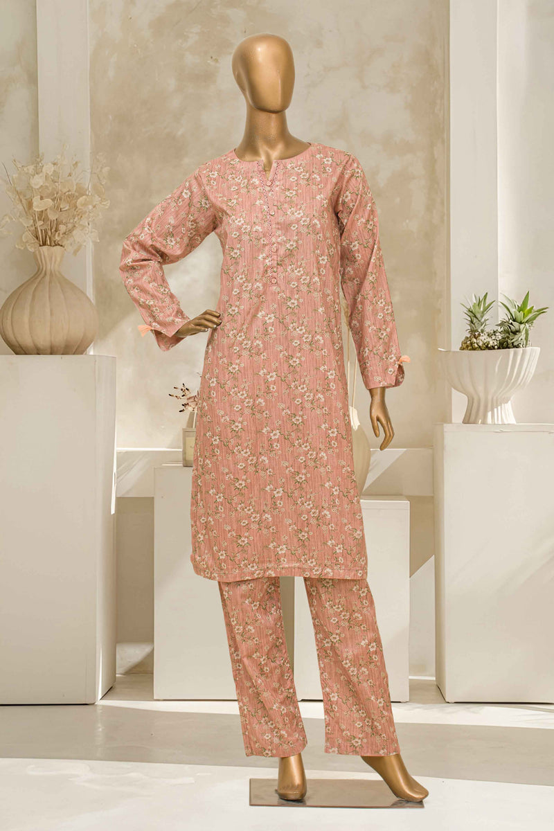 Lawn Co-ords - Stitched Printed Kurti & Trouser with Lace work - Skin