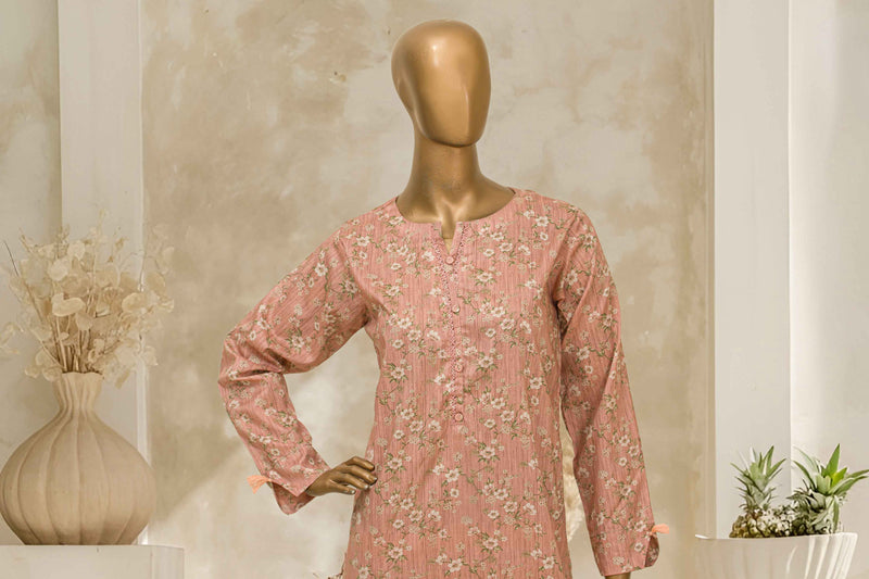 Lawn Co-ords - Stitched Printed Kurti & Trouser with Lace work - Skin