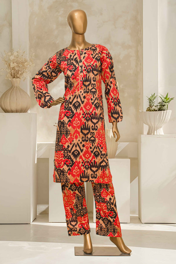 Lawn Co-ords - Stitched Printed Kurti & Trouser with Lace work - Orange