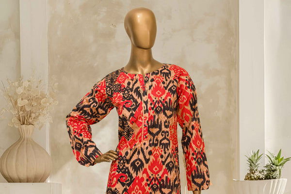 Lawn Co-ords - Stitched Printed Kurti & Trouser with Lace work - Orange