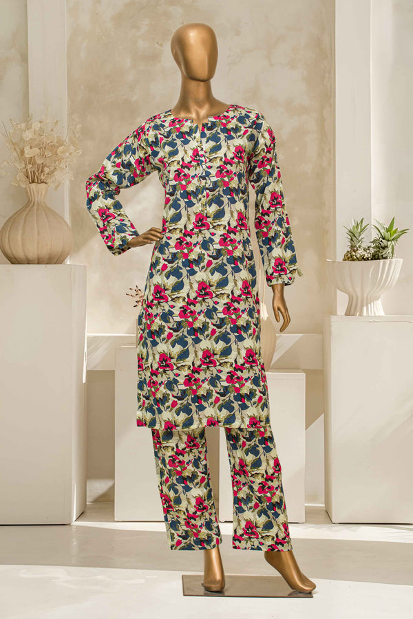 Lawn Co-ords - Stitched Printed Kurti & Trouser with Lace work - Skin
