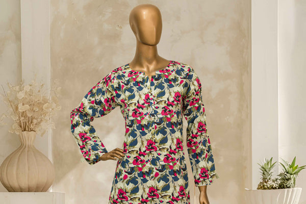 Lawn Co-ords - Stitched Printed Kurti & Trouser with Lace work - Skin