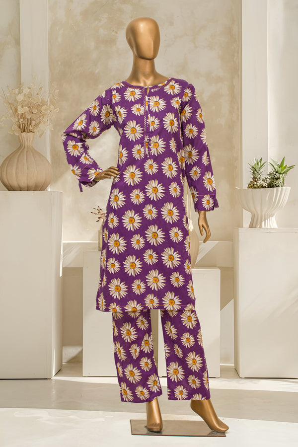 Lawn Co-ords - Stitched Printed Kurti & Trouser with Lace work - Purple