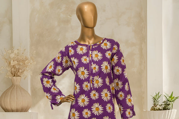 Lawn Co-ords - Stitched Printed Kurti & Trouser with Lace work - Purple