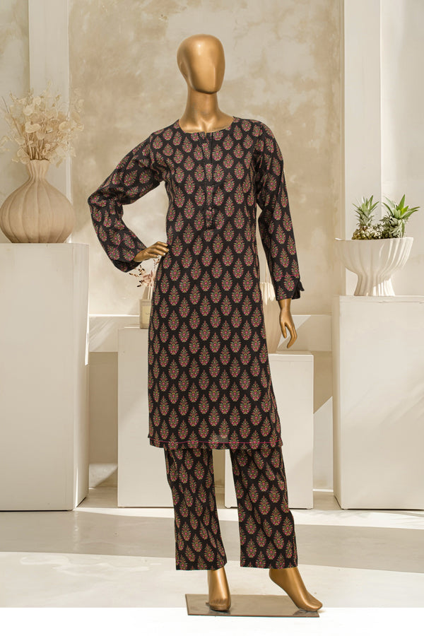 Lawn Co-ords - Stitched Printed Kurti & Trouser with Lace work - Black