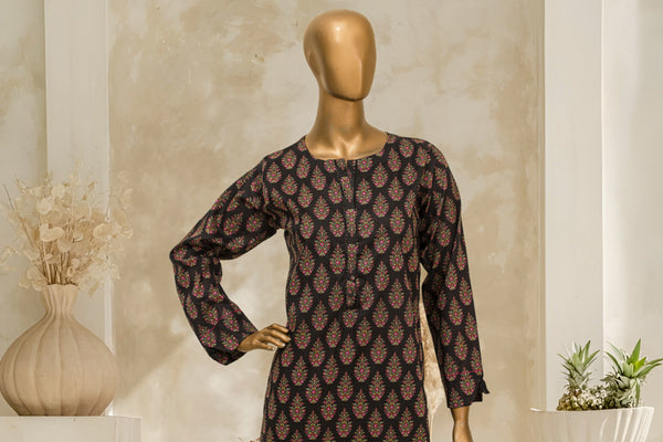 Lawn Co-ords - Stitched Printed Kurti & Trouser with Lace work - Black
