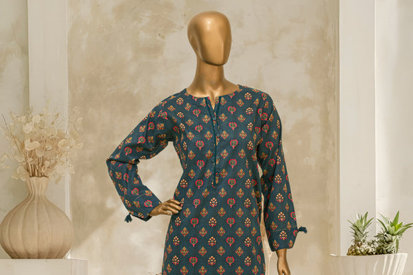 Lawn Co-ords - Stitched Printed Kurti & Trouser with Lace work - Teal