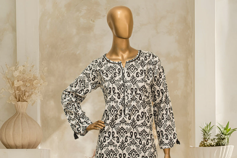 Lawn Co-ords - Stitched Printed Kurti & Trouser with Lace work - Black and White