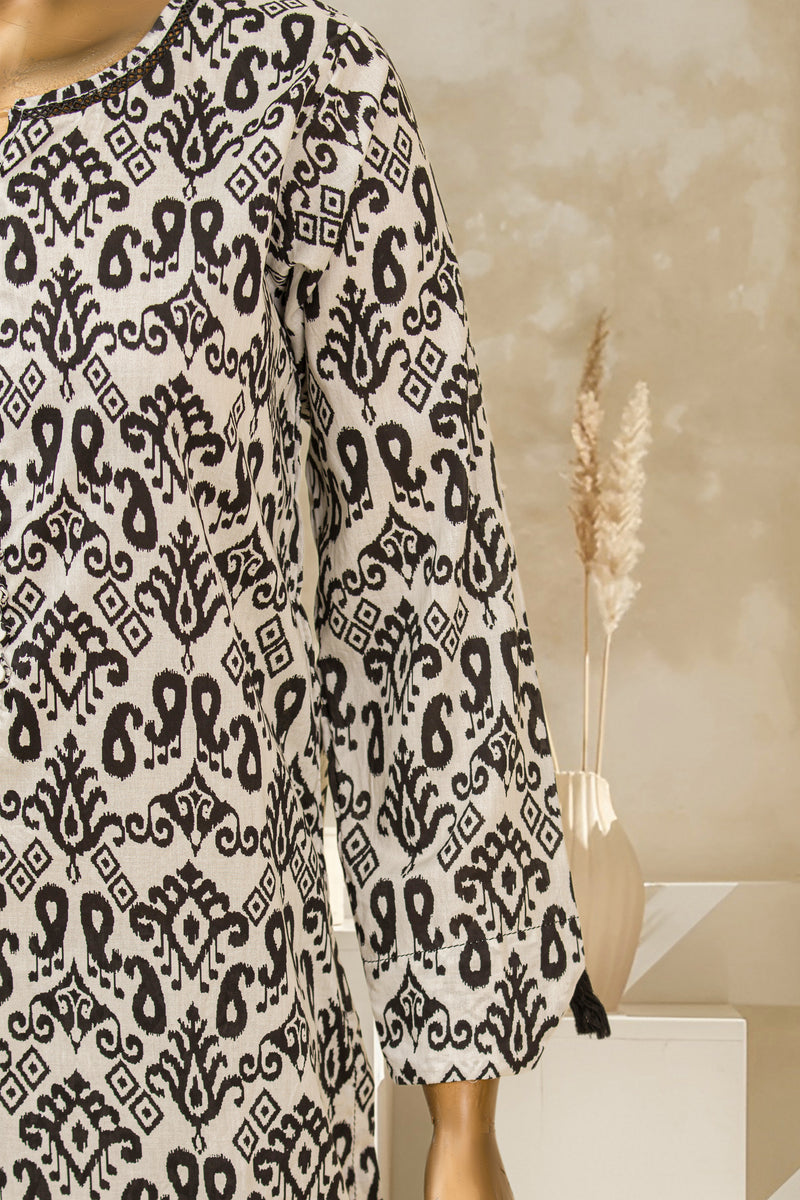 Lawn Co-ords - Stitched Printed Kurti & Trouser with Lace work - Black and White