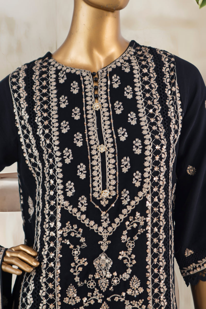 Formal Luxury Chiffon - Stitched Embroidered 3piece with Emb Dupatta - Black