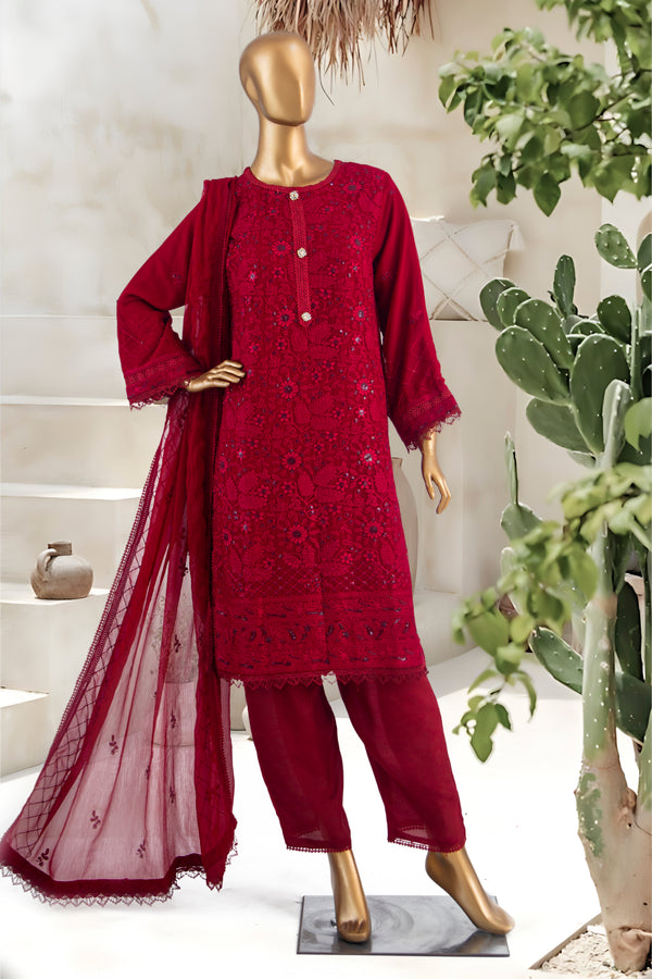 Formal Luxury Chiffon - Stitched Embroidered 3piece with Emb Dupatta - Red