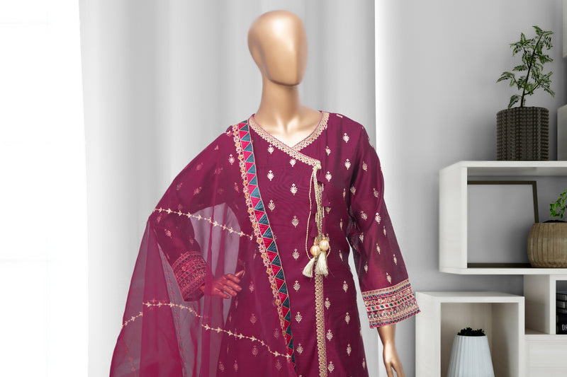 Cotton Net - Stitched Embroidered Long A-Line style Kurti & Dupatta with Lace work - Fuchsia