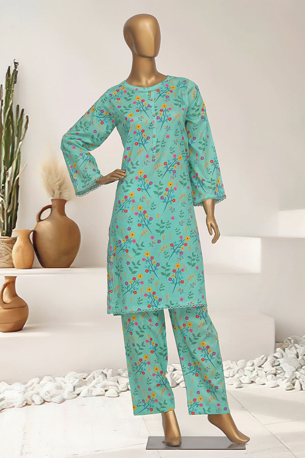 Cotton Co-ords - Stitched Printed Kurti & Trouser with Lace work - C.Green