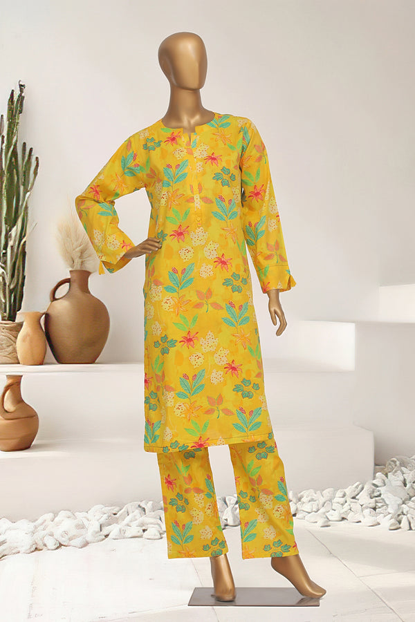 Cotton Co-ords - Stitched Printed Kurti & Trouser with Lace work - Yellow