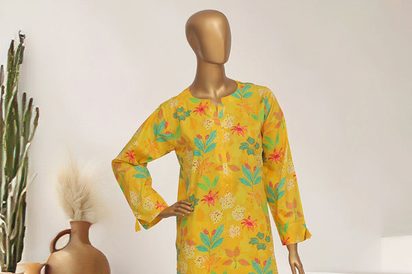 Cotton Co-ords - Stitched Printed Kurti & Trouser with Lace work - Yellow