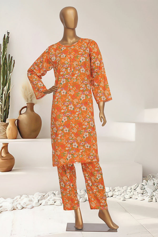 Cotton Co-ords - Stitched Printed Kurti & Trouser with Lace work - Orange