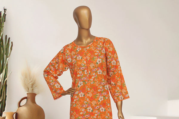 Cotton Co-ords - Stitched Printed Kurti & Trouser with Lace work - Orange