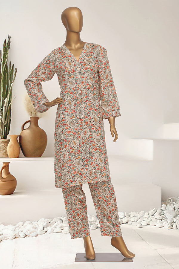 Cotton Co-ords - Stitched Printed Kurti & Trouser with Lace work - Skin