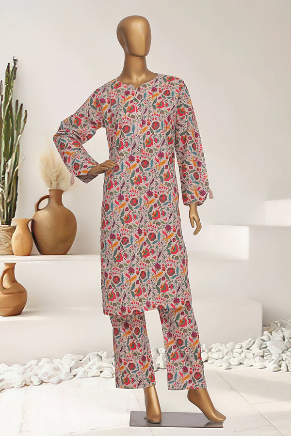 Cotton Co-ords - Stitched Printed Kurti & Trouser with Lace work - Skin-Multi