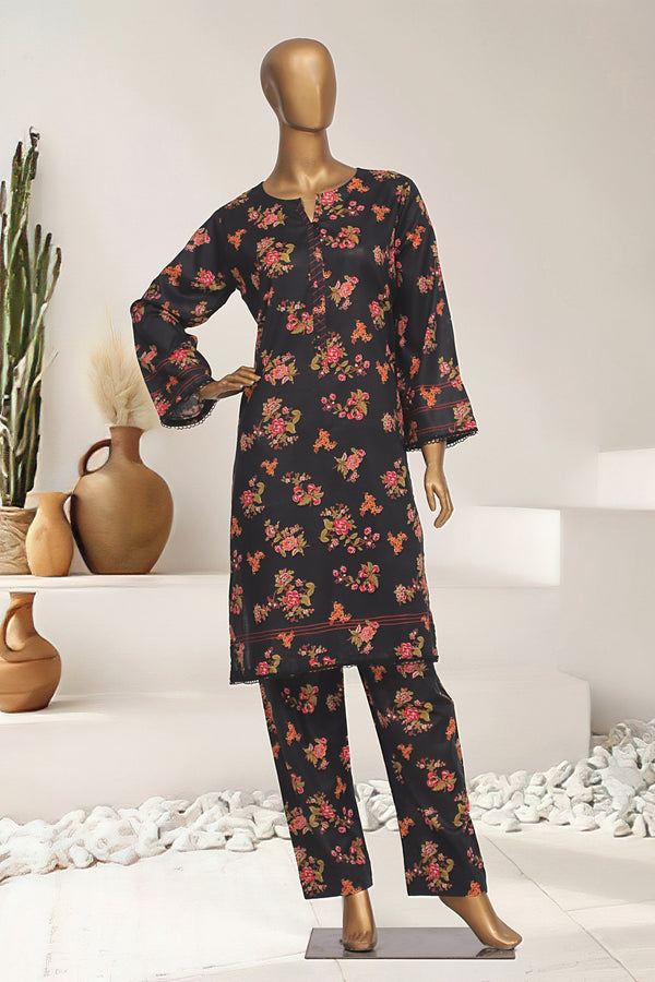 Cotton Co-ords - Stitched Printed Kurti & Trouser with Lace work - Black