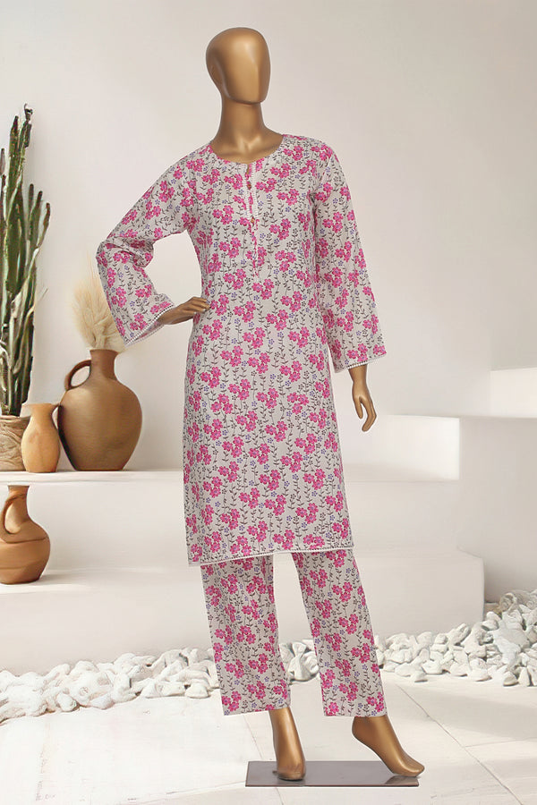 Cotton Co-ords - Stitched Printed Kurti & Trouser with Lace work - Offwhite