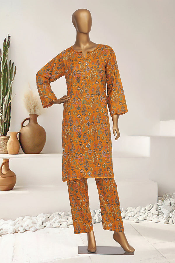 Cotton Co-ords - Stitched Printed Kurti & Trouser with Lace work - Mustard