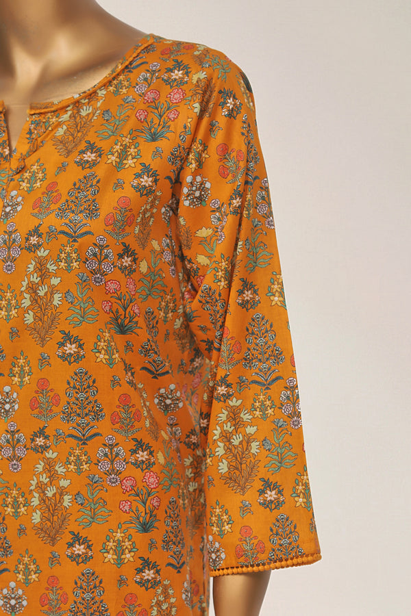 Cotton Co-ords - Stitched Printed Kurti & Trouser with Lace work - Mustard