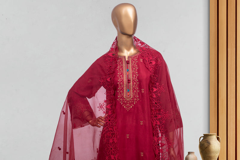 Raw Silk - Stitched Formal 3piece with Embroidered - Maroon