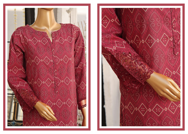 Lawn Co-ords - Stitched Printed Kurti & Trouser with Embroidered Cutwork on Sleeves - Maroon