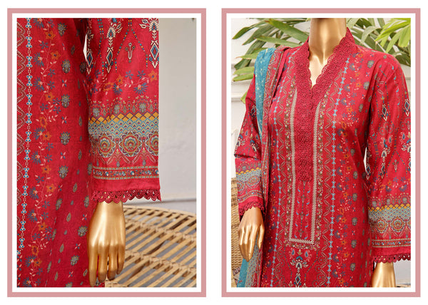 Lawn - Stitched Printed 3piece with Lace work - Maroon