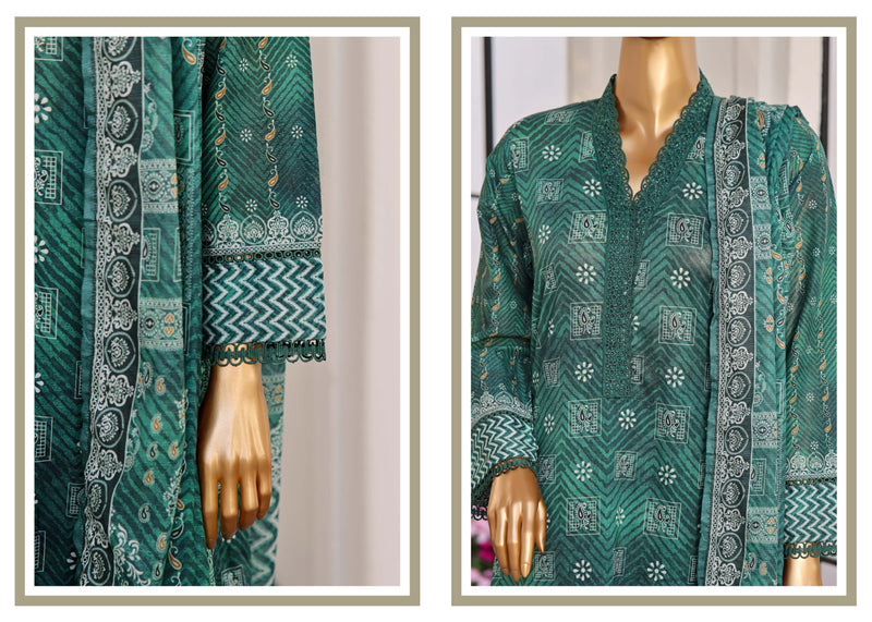 Lawn - Stitched Printed 3piece With Lace Work - Green