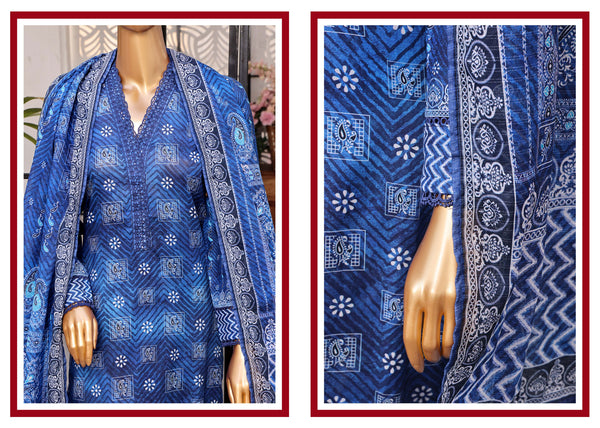 Lawn - Stitched Printed 3piece With Lace Work - Blue