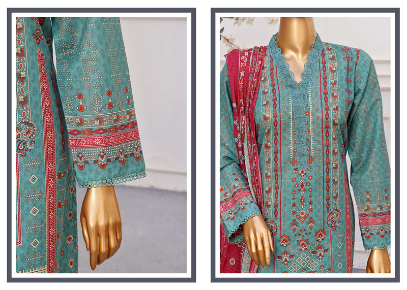 Lawn - Stitched Printed 3piece With Lace Work - Azure