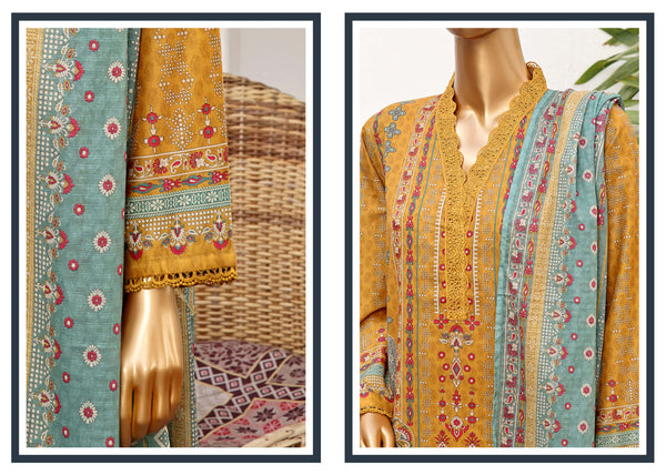 Lawn - Stitched Printed 3piece With Lace Work - Mustard
