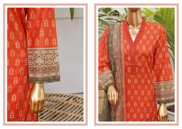 Lawn - Stitched Printed 3piece With Lace Work - Orange