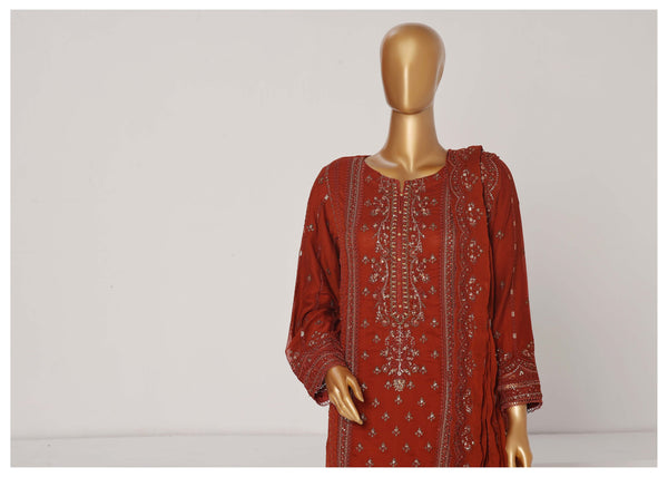 Formal Luxury Chiffon - Stitched Embroidered 3piece with Emb Dupatta - Rust