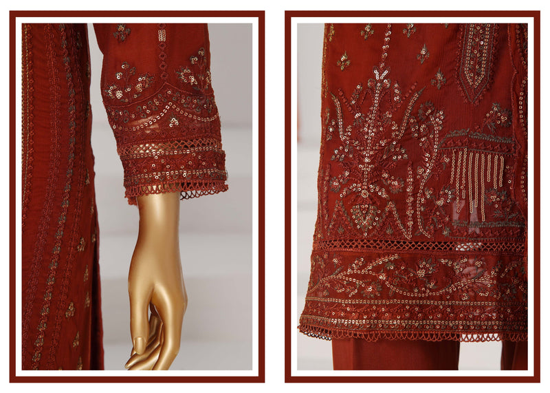 Formal Luxury Chiffon - Stitched Embroidered 3piece with Emb Dupatta - Rust