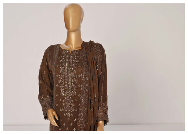 Formal Luxury Chiffon - Stitched Embroidered 3piece with Emb Dupatta - Brown