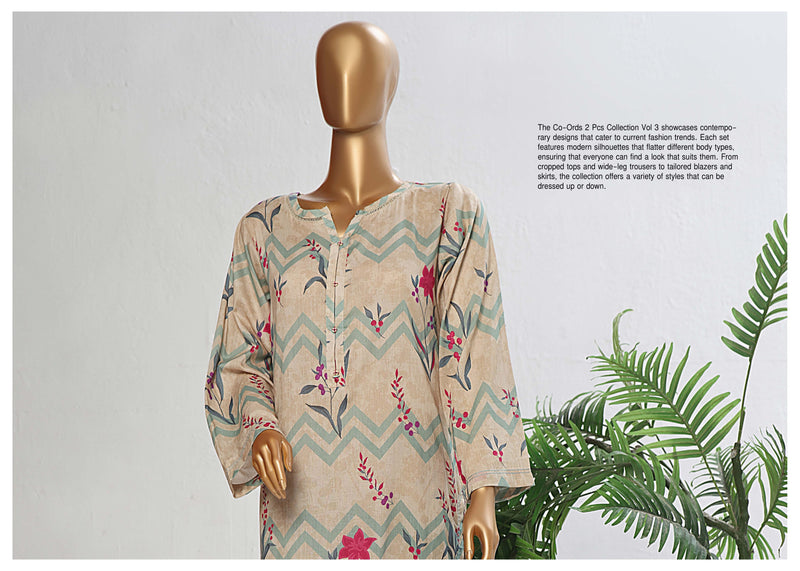 Lawn Co-ords - Stitched Printed Kurti & Trouser with Lace work - Skin