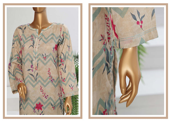 Lawn Co-ords - Stitched Printed Kurti & Trouser with Lace work - Skin