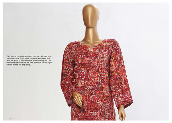 Lawn Co-ords - Stitched Printed Kurti & Trouser with Lace work - Red