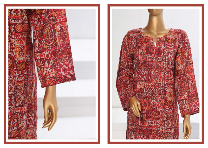 Lawn Co-ords - Stitched Printed Kurti & Trouser with Lace work - Red