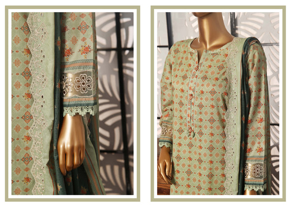 Lawn - Stitched Printed 3piece with Embroidered Cut work and  Embroidered Dupatta - Pista