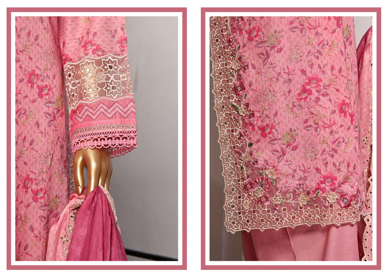 Lawn - Stitched Printed 3piece with Embroidered Cut work and Embroidered Dupatta - Pink