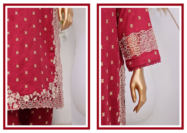 Lawn Solids - Stitched Embroidered  Cut work 3piece with Chiffon Dupatta - Maroon