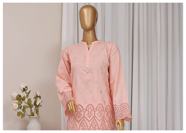 Cotton Jacqaurd Co-Ords - Stitched Embroidered 3piece with Schiffli work - Pink