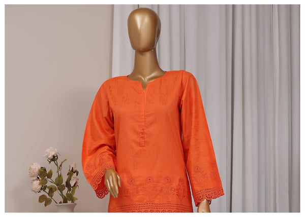 Cotton Jacqaurd Co-Ords - Stitched Embroidered 3piece with Schiffli work - Orange