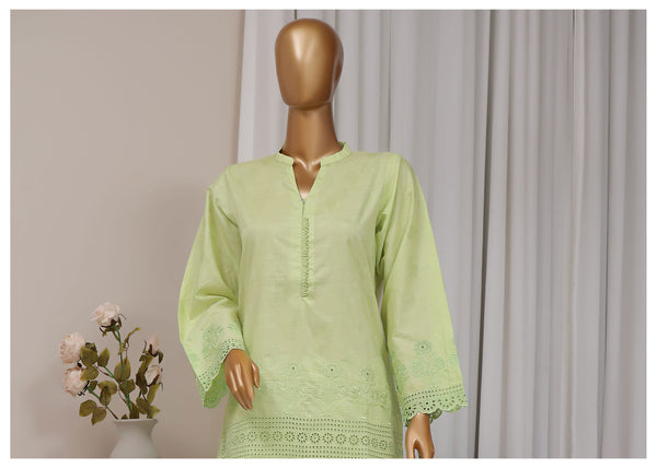 Cotton Jacqaurd Co-Ords - Stitched Embroidered 3piece with Schiffli work - Lime Green