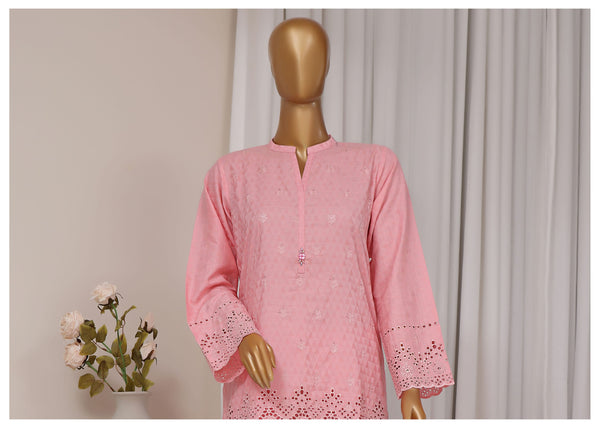 Cotton Jacqaurd Co-Ords - Stitched Embroidered 3piece with Schiffli work - B.Pink